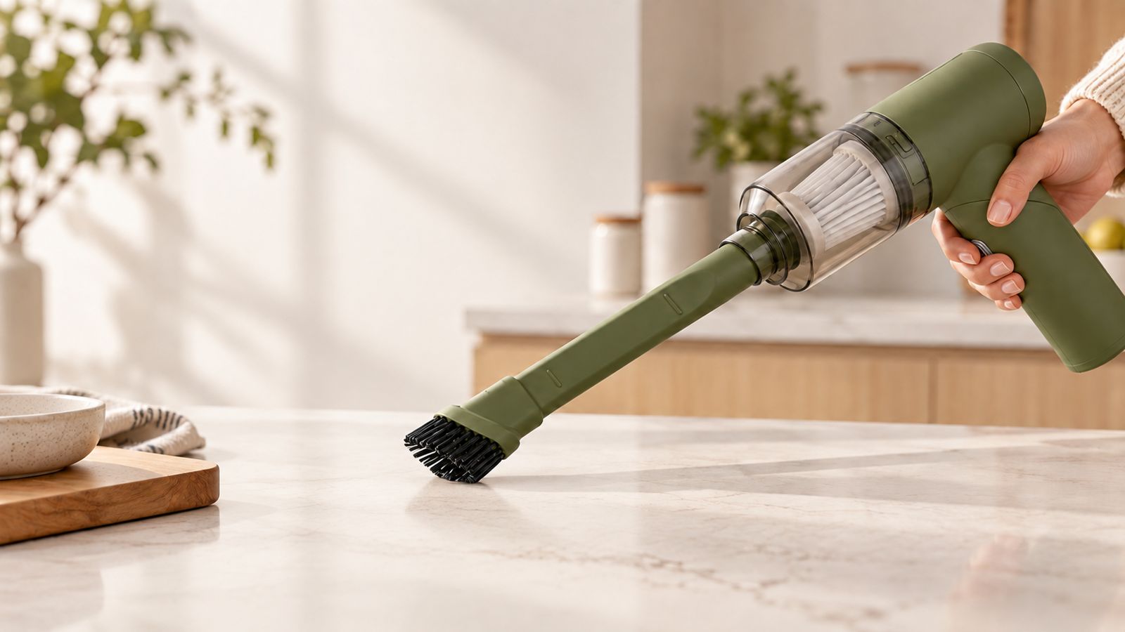 AIRWOO Folding in Army Green vacuuming a marble kitchen counter